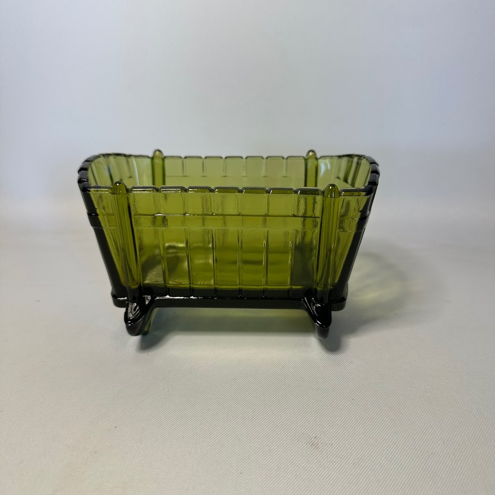 Vintage Indiana Glass Olive Green Cradle-Shaped Candy/Nut/Butter/Cracker Dish